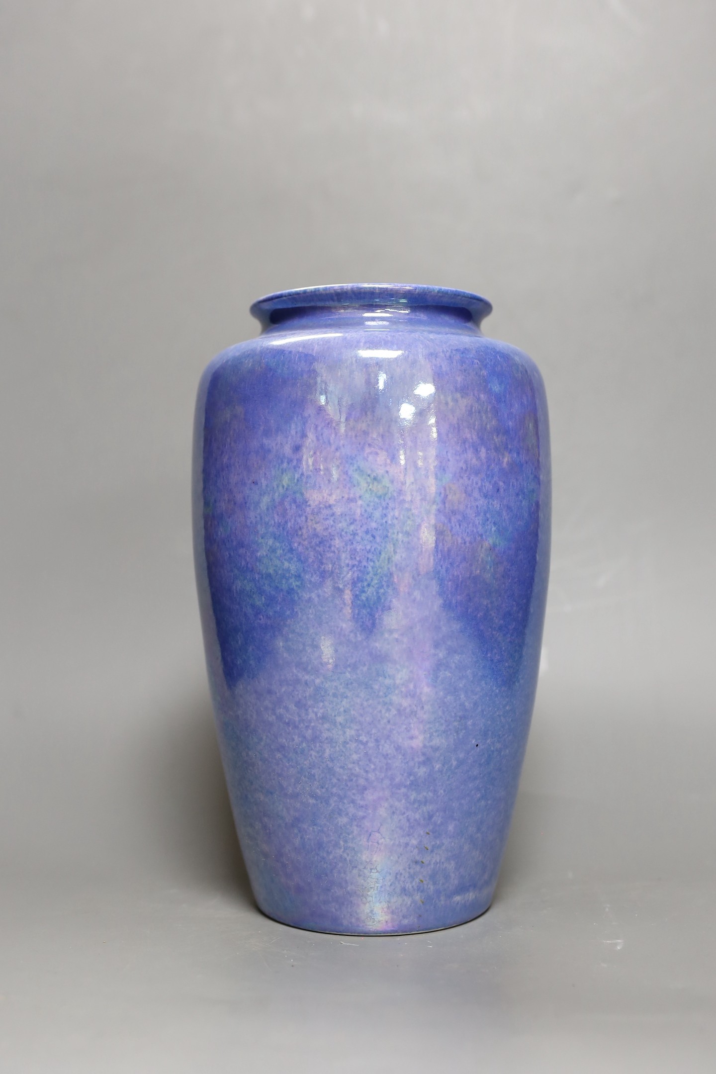 A large Ruskin blue and green lustre vase, dated 1926. 26cm.